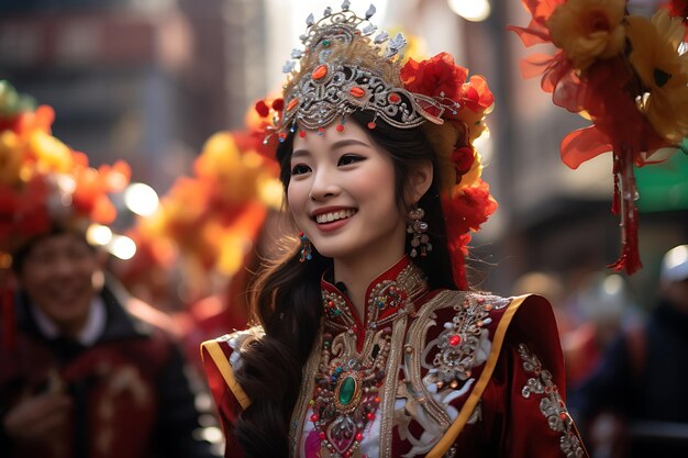 une femme en costume avec une fleur rouge sur la tête