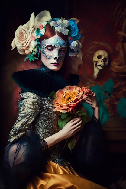 Une femme en costume avec des fleurs sur le visage