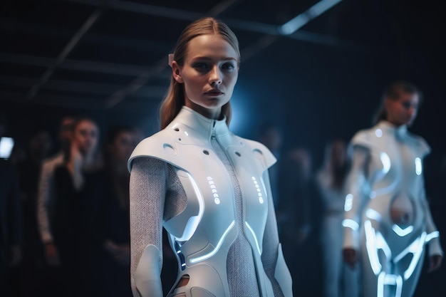 Une femme en costume futuriste debout devant un groupe de personnes AI générative