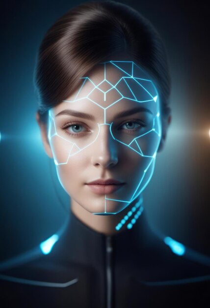 Une femme en costume futuriste avec un visage lumineux