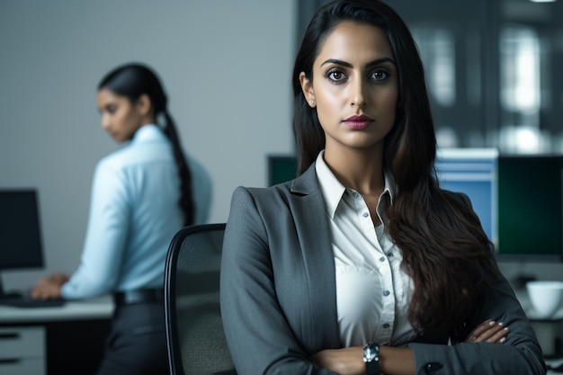 Une femme en costume gris se tient devant un bureau, les bras croisés.