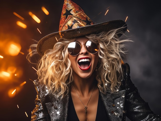 Femme en costume d'Halloween avec une pose ludique