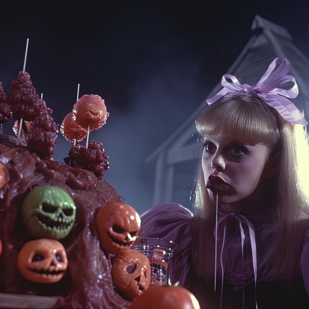 une femme en costume d'Halloween avec un ruban violet autour de son cou et un nœud violet sur le devant