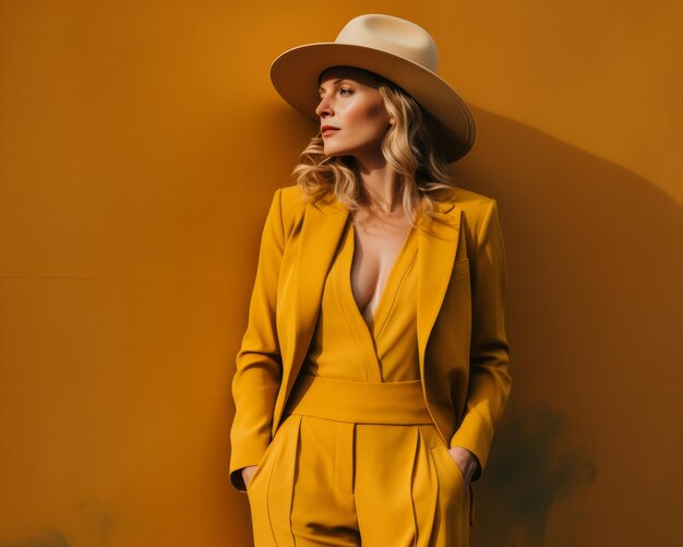 une femme en costume jaune et chapeau posant contre un mur orange