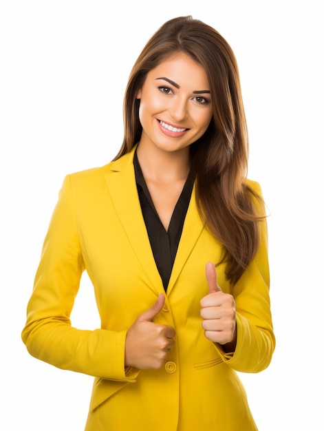 La femme en costume jaune donne le pouce en l'air