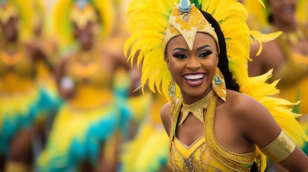 une femme en costume jaune et vert