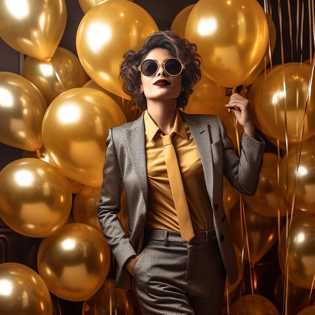 une femme en costume et lunettes de soleil se tient devant un tas de ballons qui disent " elle tient un panneau qui dit "