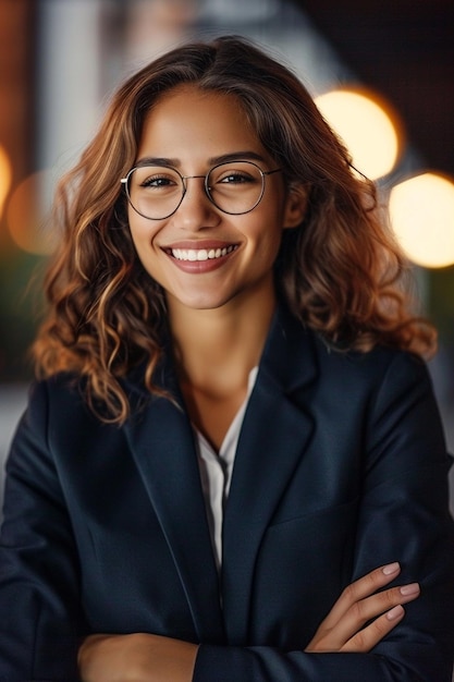 Photo une femme en costume et lunettes sourit