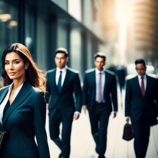 Une femme en costume marche dans la rue avec d'autres personnes.