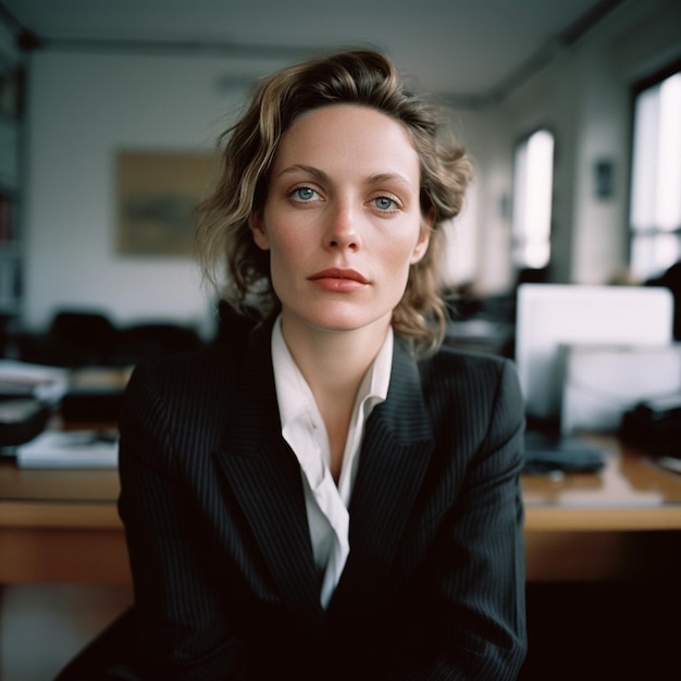 Une femme en costume noir est assise devant un bureau avec un moniteur derrière elle.