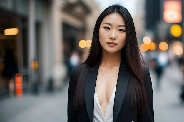 Une femme en costume noir se tient dans la rue.