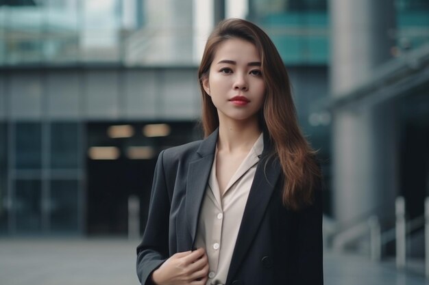 Une femme en costume noir se tient devant un immeuble.