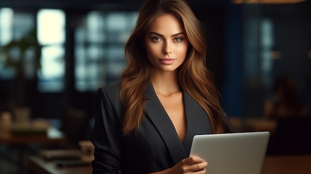 Une femme en costume noir tient une tablette dans sa main.