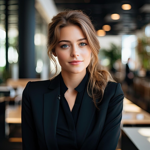 une femme en costume noir