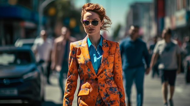 Une femme en costume orange vif se tient dans la rue portant une chemise bleue et des lunettes de soleil.