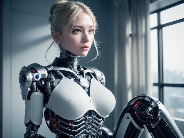 Une femme en costume de robot se tient devant une fenêtre.