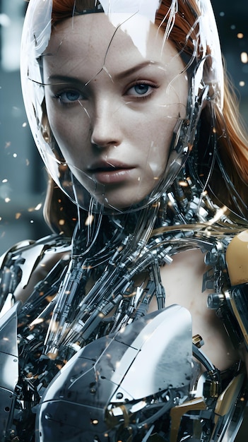 Une femme en costume de robot avec un visage qui dit "robot"