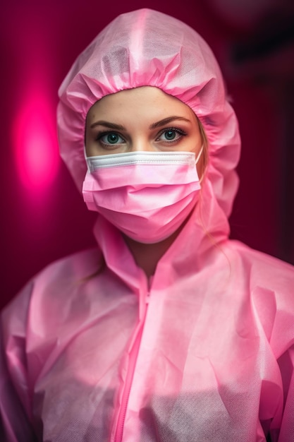 Une femme en costume rose et masque rose se tient dans une pièce sombre