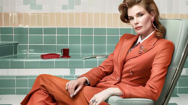 Photo une femme en costume rouge est assise dans une pièce à carreaux verts et blancs