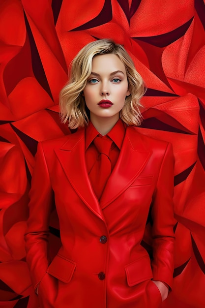 Une femme en costume rouge pose devant un fond rouge.