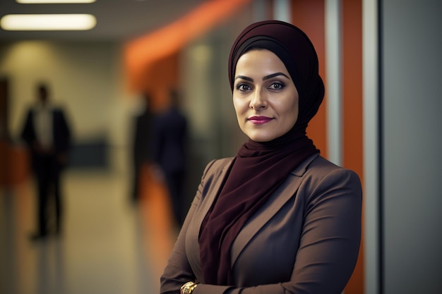 Une femme en costume se tient dans un bureau