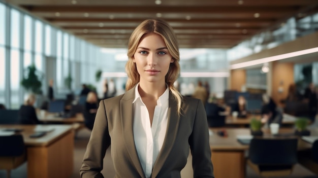 Une femme en costume se tient devant un bureau avec un moniteur et un moniteur derrière elle.