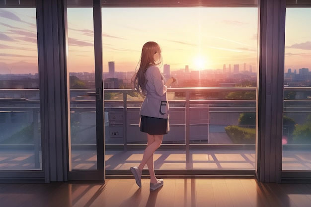 Une femme en costume se tient devant une fenêtre en regardant un coucher de soleil.