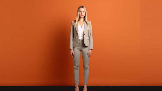 Une femme en costume se tient devant un fond orange