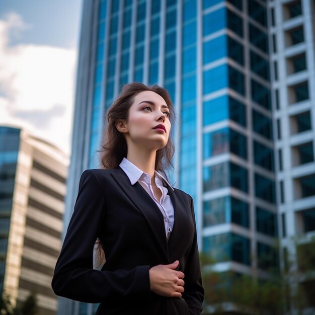 Photo une femme en costume se tient devant un grand bâtiment.
