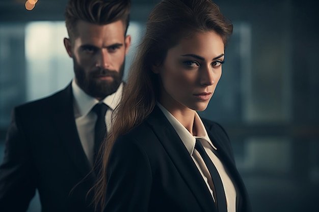 Femme en costume se tient devant l'homme Homme masculin avec barbe généré par l'IA