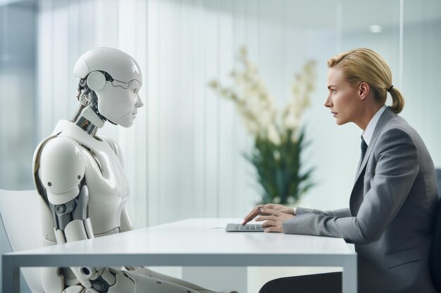 Photo une femme en costume se tient devant un robot et parle à une autre femme.