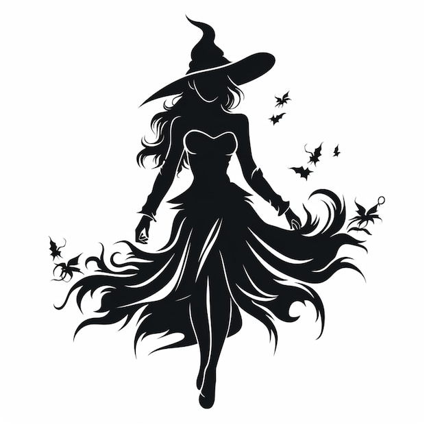 une femme en costume de sorcière avec un chapeau et une longue robe générative ai