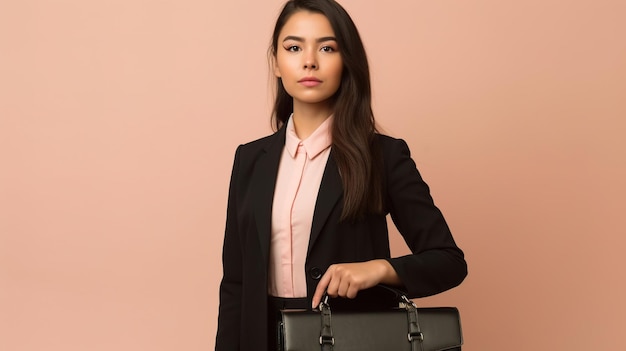 Une femme en costume tient une mallette devant un fond rose.