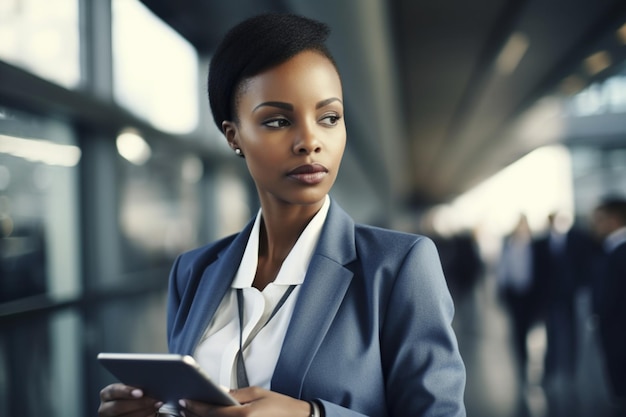 Une femme en costume tient une tablette dans sa main.