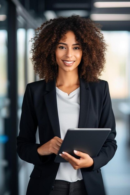 Photo une femme en costume tient une tablette et sourit