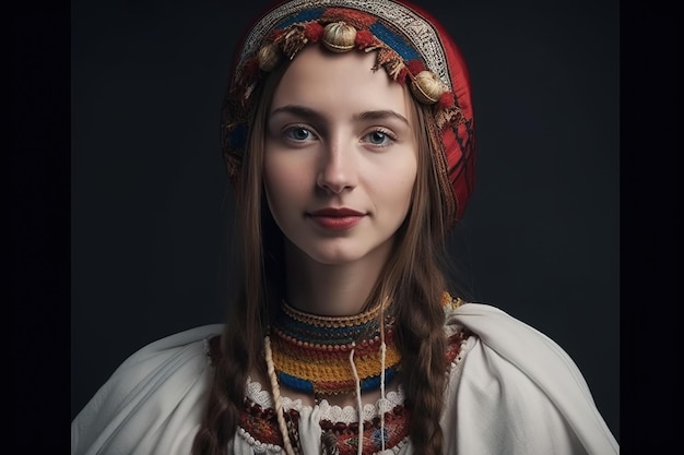 Une femme en costume traditionnel avec un bandeau rouge et un chapeau blanc