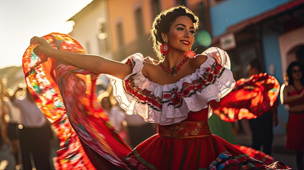 une femme en costume traditionnel danse dans la rue.