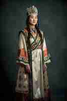 Photo une femme en costume traditionnel avec le mot mongol sur le devant.