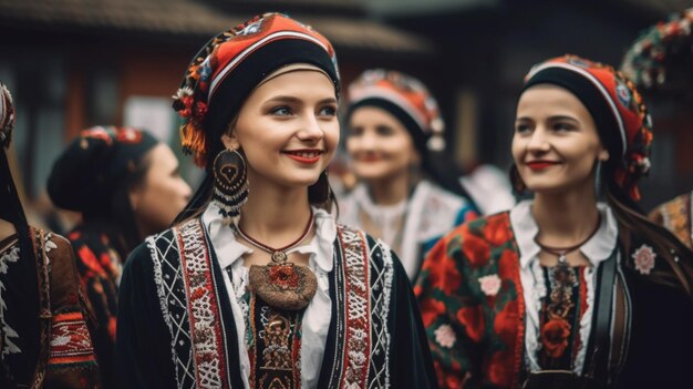 Une femme en costume traditionnel se tient dans la foule.