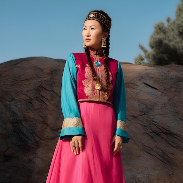 Une femme en costume traditionnel se tient devant un rocher.