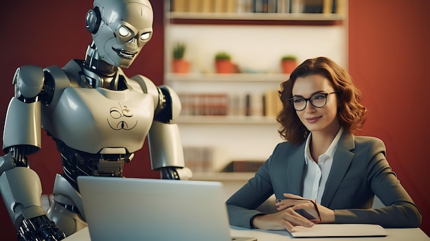 Une femme en costume travaillant avec un robot.