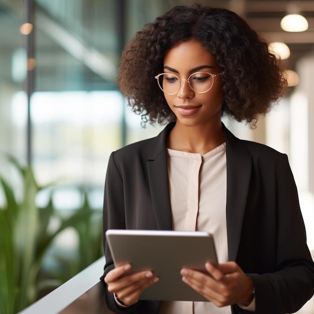 une femme en costume utilise une tablette informatique