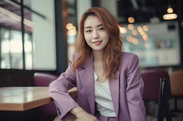 Une femme en costume violet est assise dans un café.