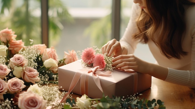 Une femme à côté d'un bouquet de fleurs