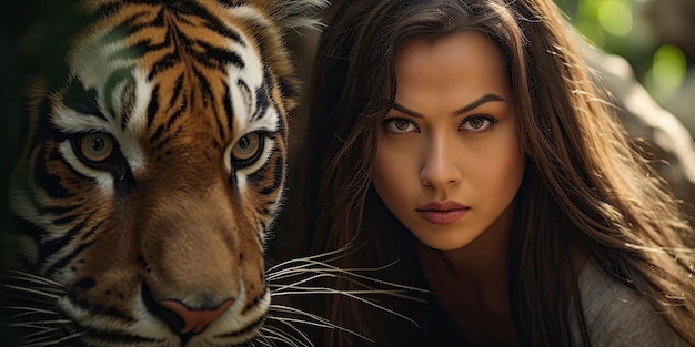 Photo une femme à côté d'un tigre