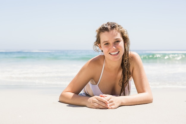 Femme, coucher plage