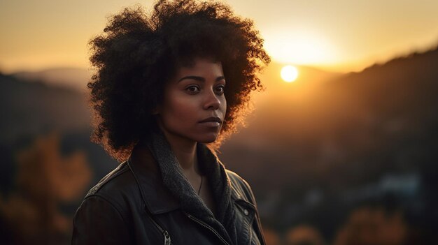 Une femme avec un coucher de soleil en arrière-plan