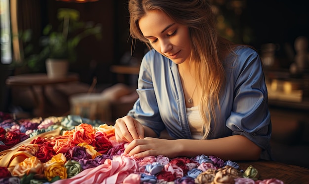 Photo une femme coude du tissu à la table