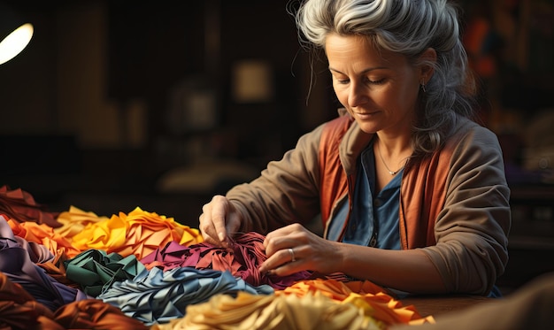 Photo une femme coude du tissu à la table