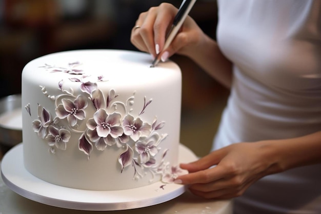 une femme coupant un gâteau avec un couteau.